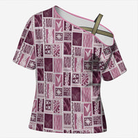 Vintage Aloha Block Quilt Cross Shoulder Shirt Pink Inspired Lei Motifs - Polynesian Pride