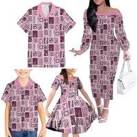 Vintage Aloha Block Quilt Family Matching Off The Shoulder Long Sleeve Dress and Hawaiian Shirt Pink Inspired Lei Motifs - Polynesian Pride