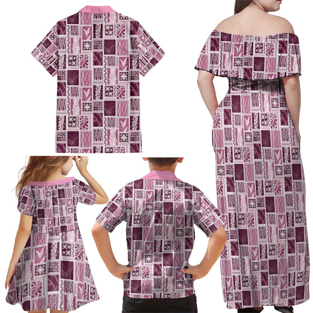 Vintage Aloha Block Quilt Family Matching Off Shoulder Maxi Dress and Hawaiian Shirt Pink Inspired Lei Motifs - Polynesian Pride