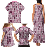 Vintage Aloha Block Quilt Family Matching Tank Maxi Dress and Hawaiian Shirt Pink Inspired Lei Motifs - Polynesian Pride