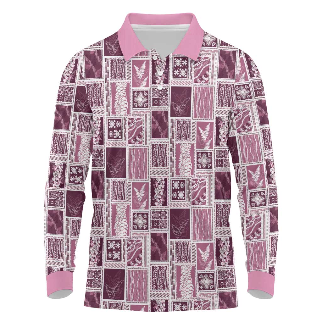 Vintage Aloha Block Quilt Long Sleeve Polo Shirt Pink Inspired Lei Motifs LT9 Pink - Polynesian Pride