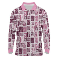 Vintage Aloha Block Quilt Long Sleeve Polo Shirt Pink Inspired Lei Motifs LT9 Pink - Polynesian Pride