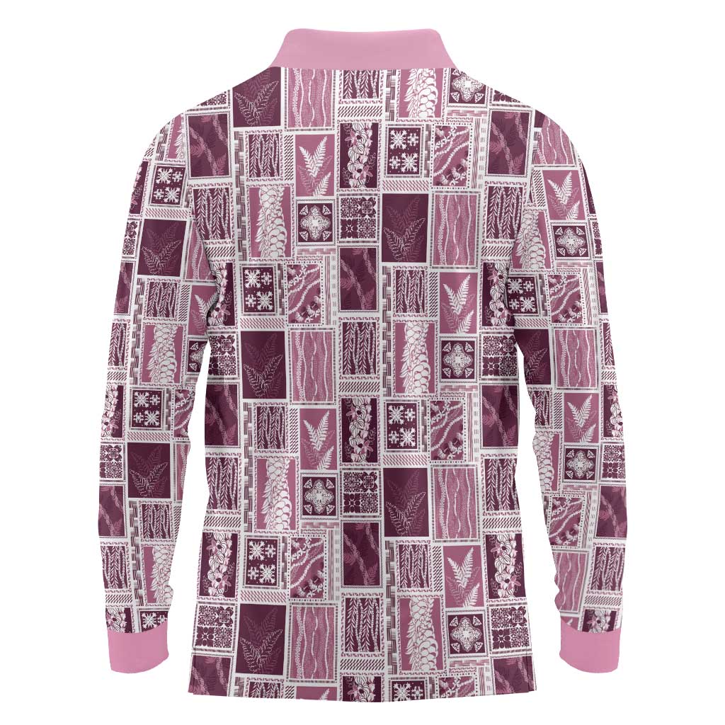 Vintage Aloha Block Quilt Long Sleeve Polo Shirt Pink Inspired Lei Motifs LT9 - Polynesian Pride