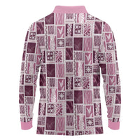 Vintage Aloha Block Quilt Long Sleeve Polo Shirt Pink Inspired Lei Motifs LT9 - Polynesian Pride