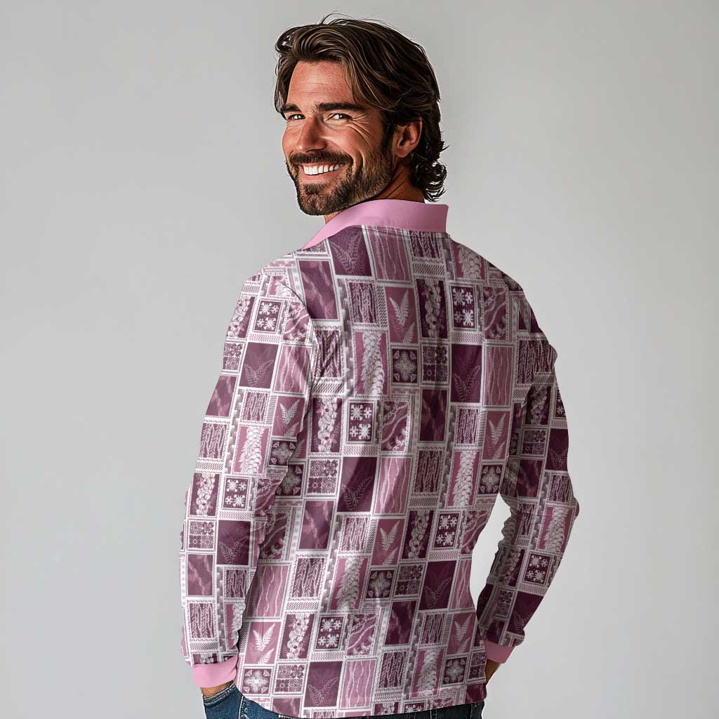Vintage Aloha Block Quilt Long Sleeve Polo Shirt Pink Inspired Lei Motifs LT9 - Polynesian Pride