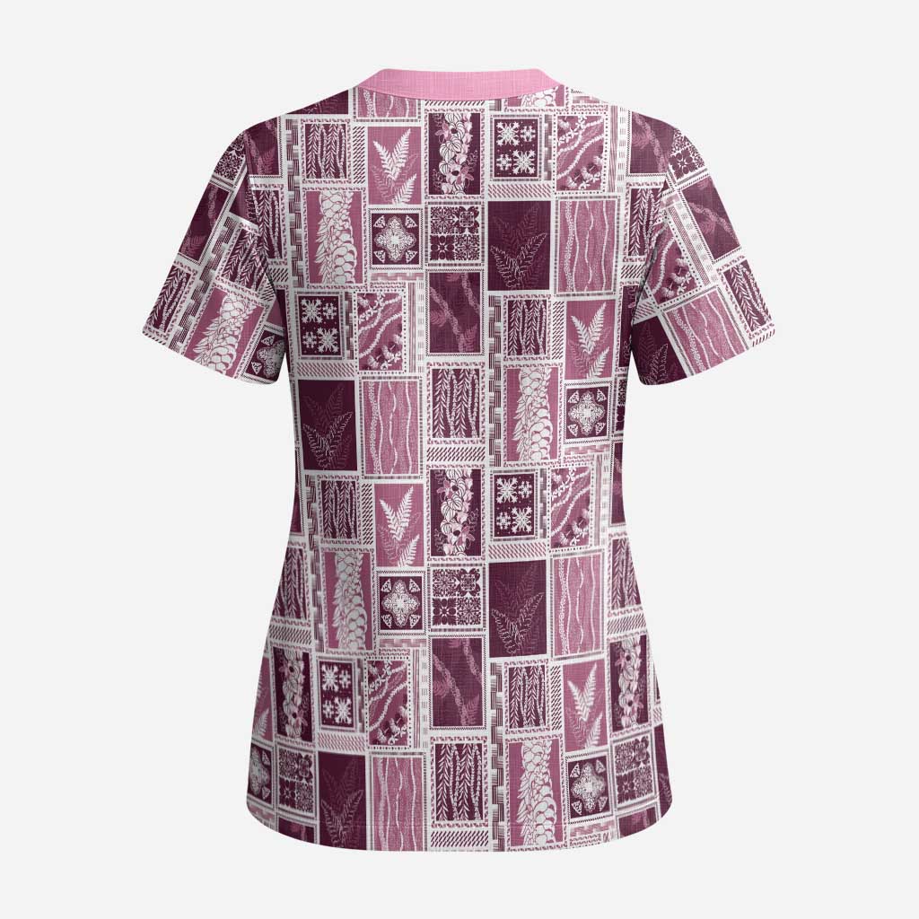 Vintage Aloha Block Quilt Scrub Top Pink Inspired Lei Motifs LT9 - Polynesian Pride