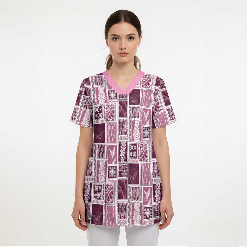 Vintage Aloha Block Quilt Scrub Top Pink Inspired Lei Motifs LT9 - Polynesian Pride