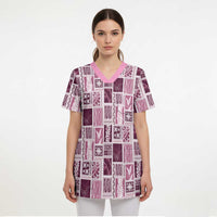 Vintage Aloha Block Quilt Scrub Top Pink Inspired Lei Motifs LT9 - Polynesian Pride