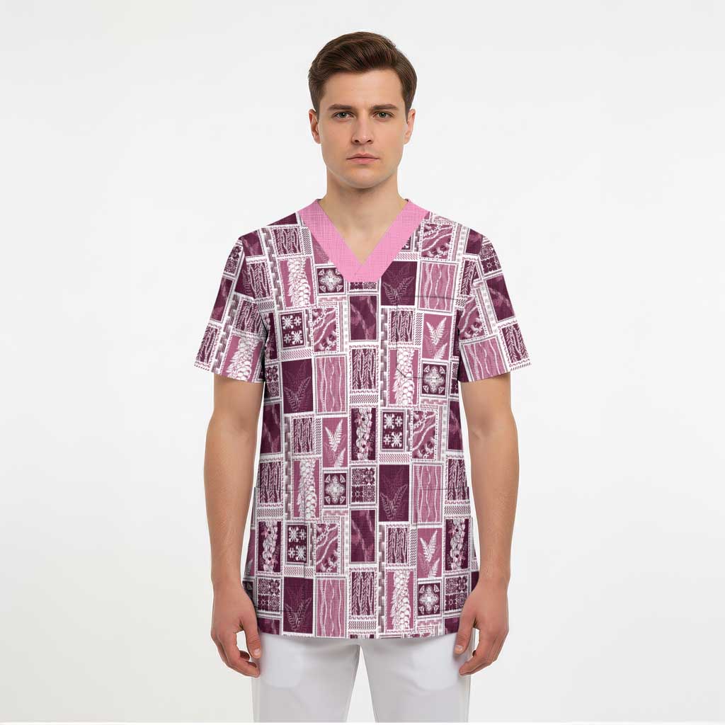 Vintage Aloha Block Quilt Scrub Top Pink Inspired Lei Motifs LT9 - Polynesian Pride