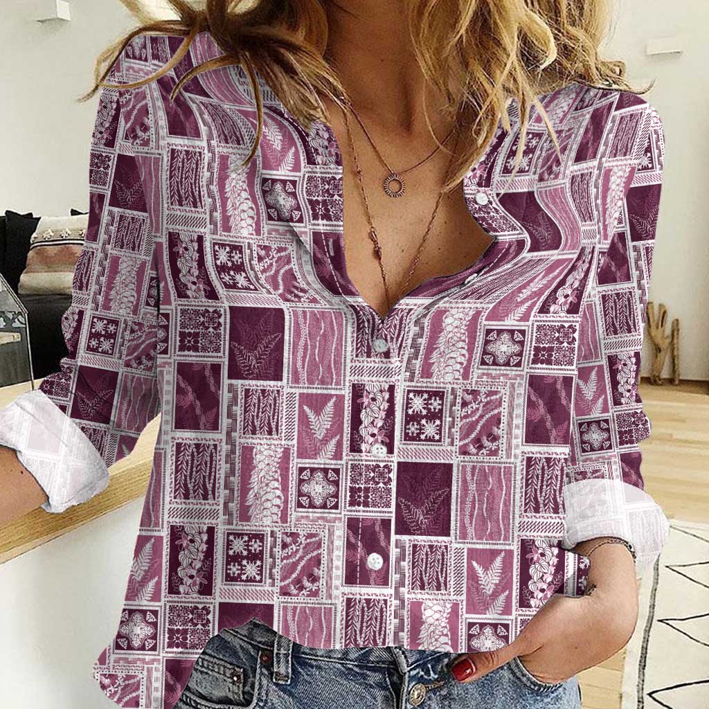 Vintage Aloha Block Quilt Women Casual Shirt Pink Inspired Lei Motifs - Polynesian Pride