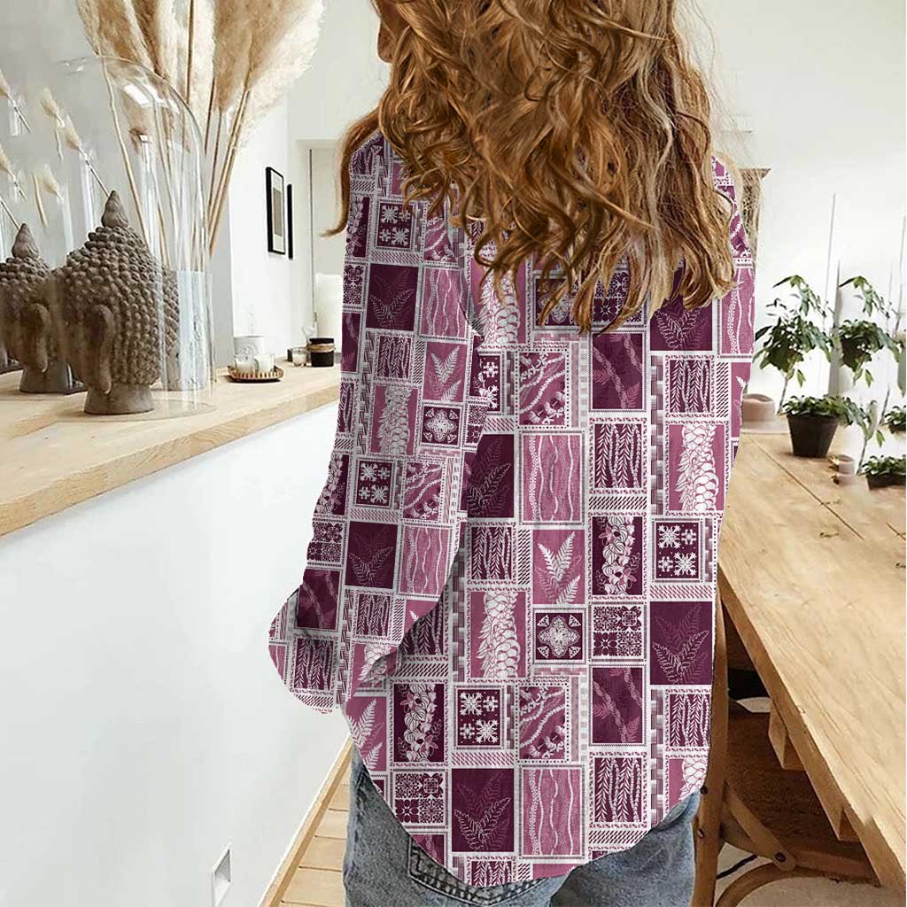 Vintage Aloha Block Quilt Women Casual Shirt Pink Inspired Lei Motifs LT9 - Polynesian Pride