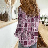 Vintage Aloha Block Quilt Women Casual Shirt Pink Inspired Lei Motifs LT9 - Polynesian Pride