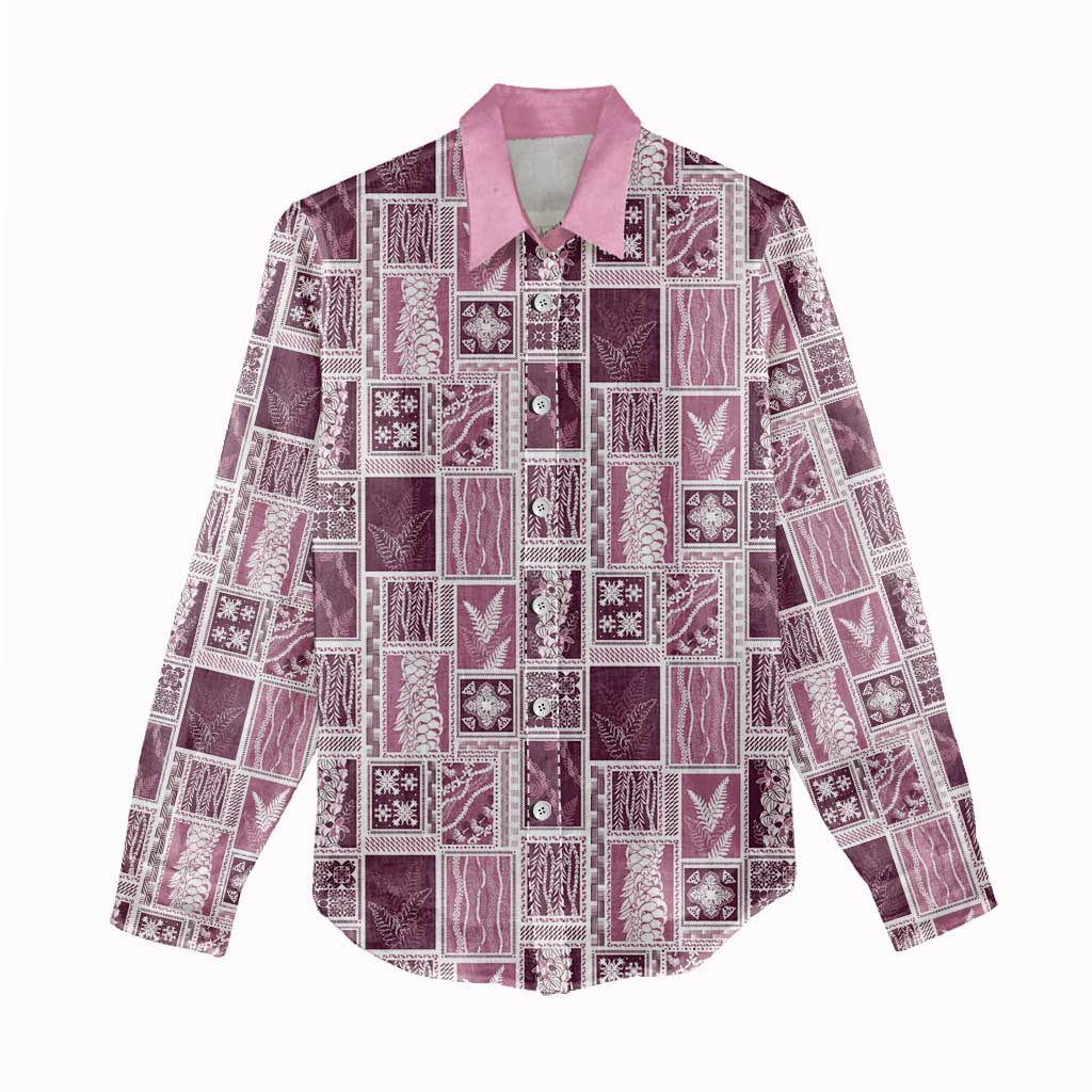 Vintage Aloha Block Quilt Women Casual Shirt Pink Inspired Lei Motifs LT9 - Polynesian Pride