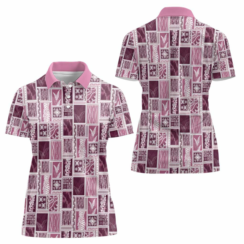 Vintage Aloha Block Quilt Women Polo Shirt Pink Inspired Lei Motifs - Polynesian Pride