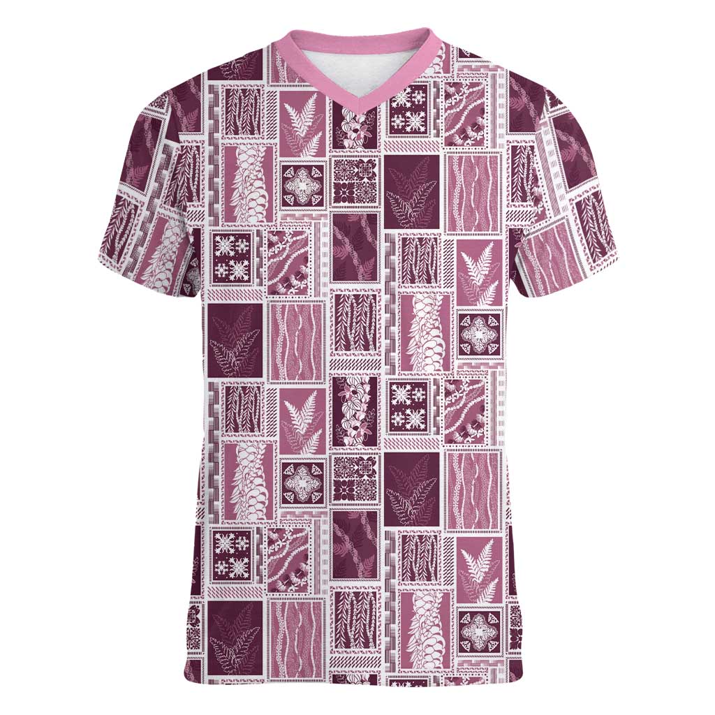 Vintage Aloha Block Quilt Women V-Neck T-Shirt Pink Inspired Lei Motifs LT9 Female Pink - Polynesian Pride