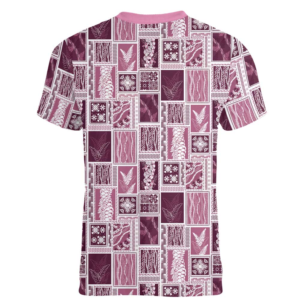 Vintage Aloha Block Quilt Women V-Neck T-Shirt Pink Inspired Lei Motifs LT9 - Polynesian Pride