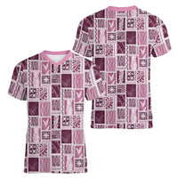 Vintage Aloha Block Quilt Women V-Neck T-Shirt Pink Inspired Lei Motifs LT9 - Polynesian Pride