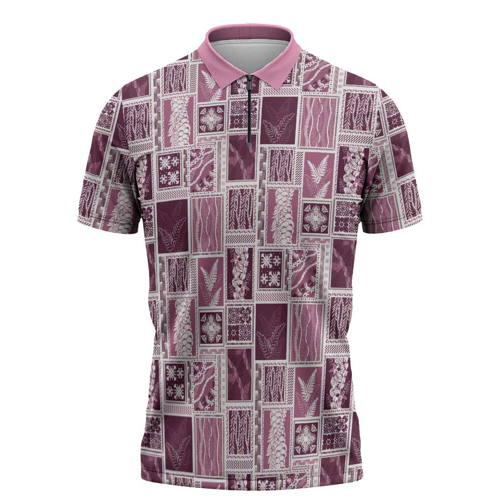 Vintage Aloha Block Quilt Zipper Polo Shirt Pink Inspired Lei Motifs LT9 Pink - Polynesian Pride
