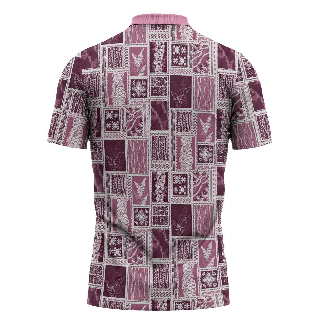 Vintage Aloha Block Quilt Zipper Polo Shirt Pink Inspired Lei Motifs LT9 - Polynesian Pride