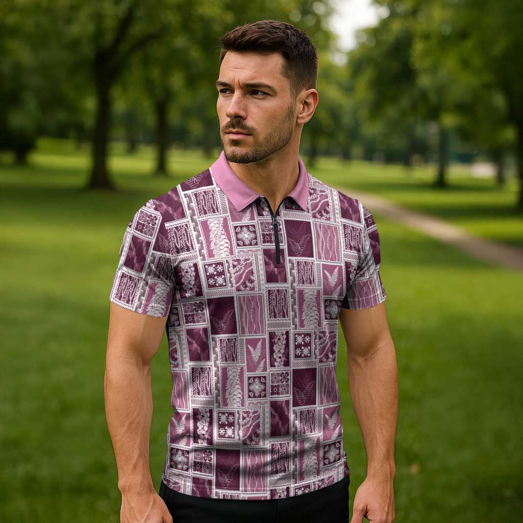 Vintage Aloha Block Quilt Zipper Polo Shirt Pink Inspired Lei Motifs LT9 - Polynesian Pride