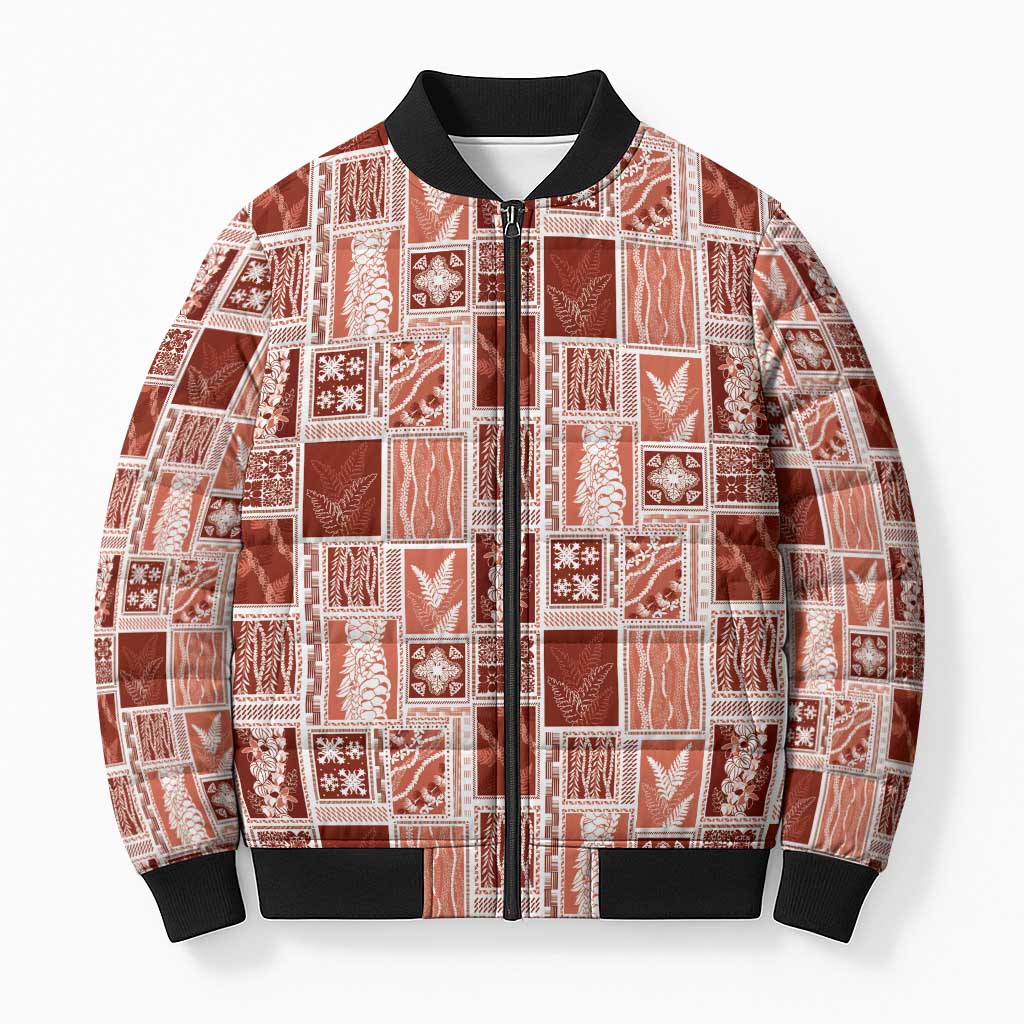Vintage Aloha Block Quilt Bomber Puffer Jacket Red Inspired Lei Motifs - Polynesian Pride