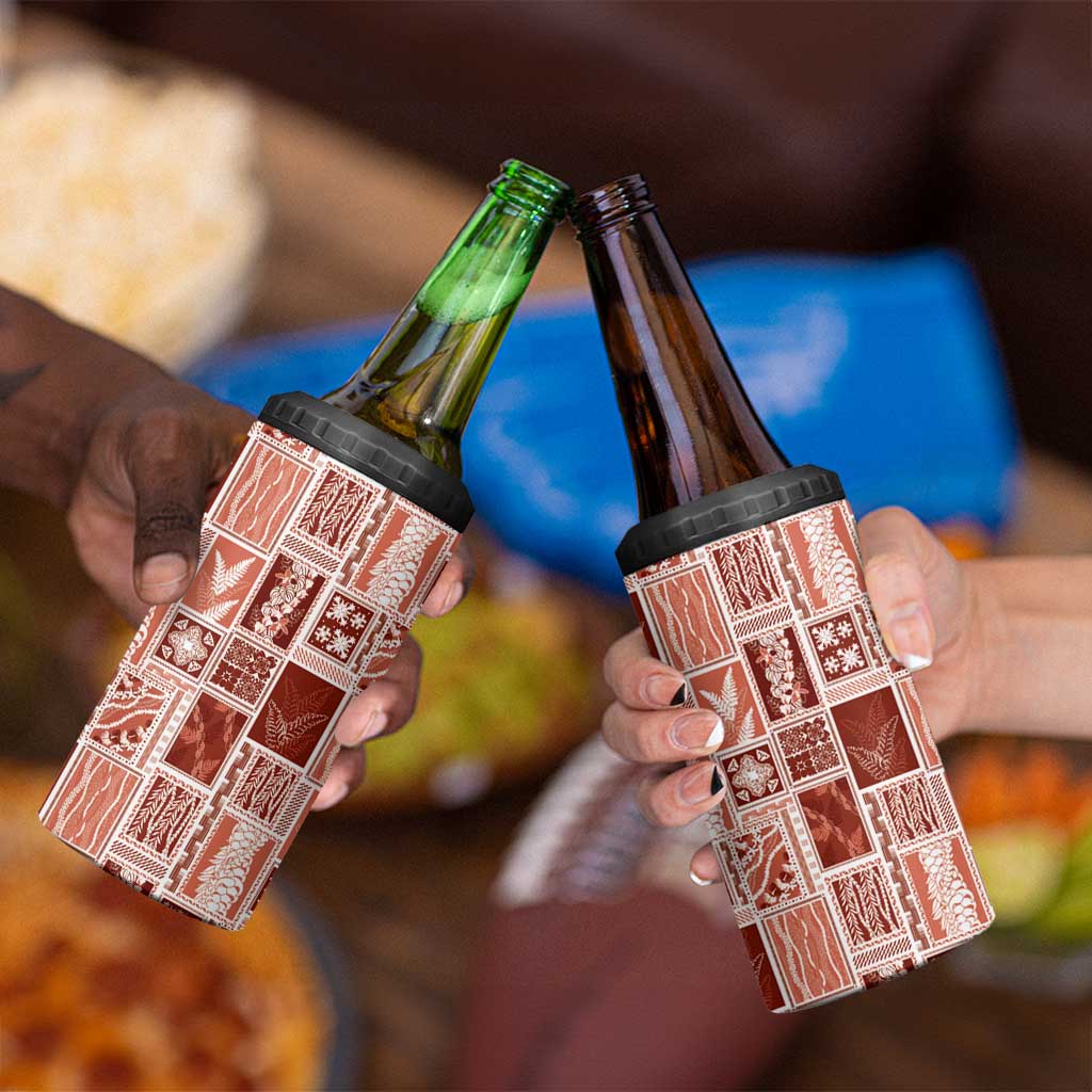 Vintage Aloha Block Quilt 4 in 1 Can Cooler Tumbler Red Inspired Lei Motifs - Polynesian Pride