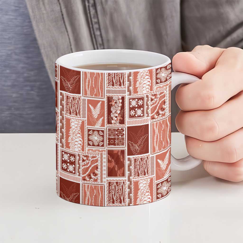 Vintage Aloha Block Quilt Ceramic Mug Red Inspired Lei Motifs - Polynesian Pride