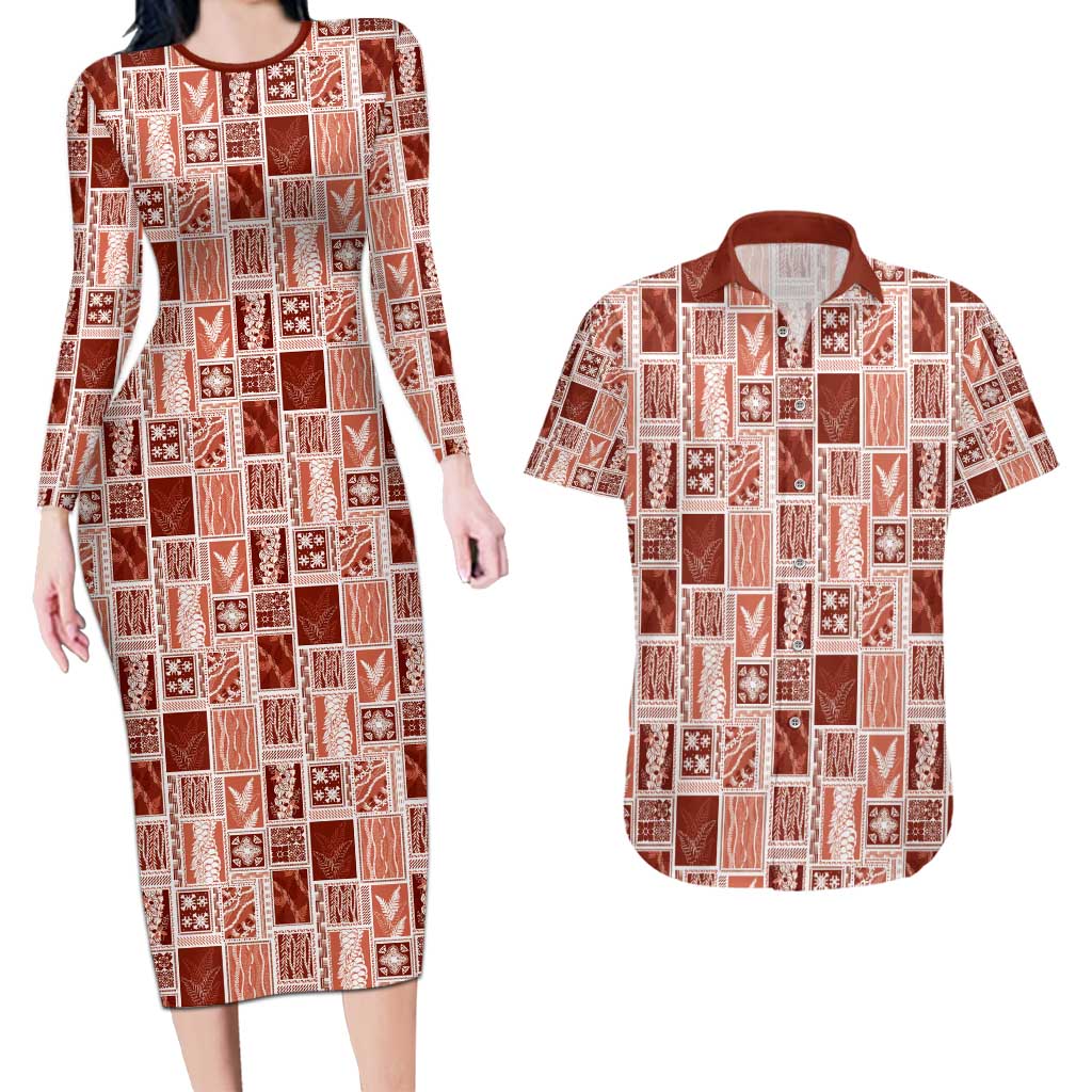Vintage Aloha Block Quilt Couples Matching Long Sleeve Bodycon Dress and Hawaiian Shirt Red Inspired Lei Motifs - Polynesian Pride
