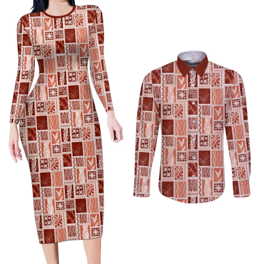 Vintage Aloha Block Quilt Couples Matching Long Sleeve Bodycon Dress and Long Sleeve Button Shirt Red Inspired Lei Motifs - Polynesian Pride