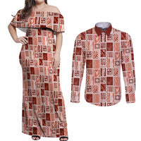 Vintage Aloha Block Quilt Couples Matching Off Shoulder Maxi Dress and Long Sleeve Button Shirt Red Inspired Lei Motifs LT9 Red - Polynesian Pride
