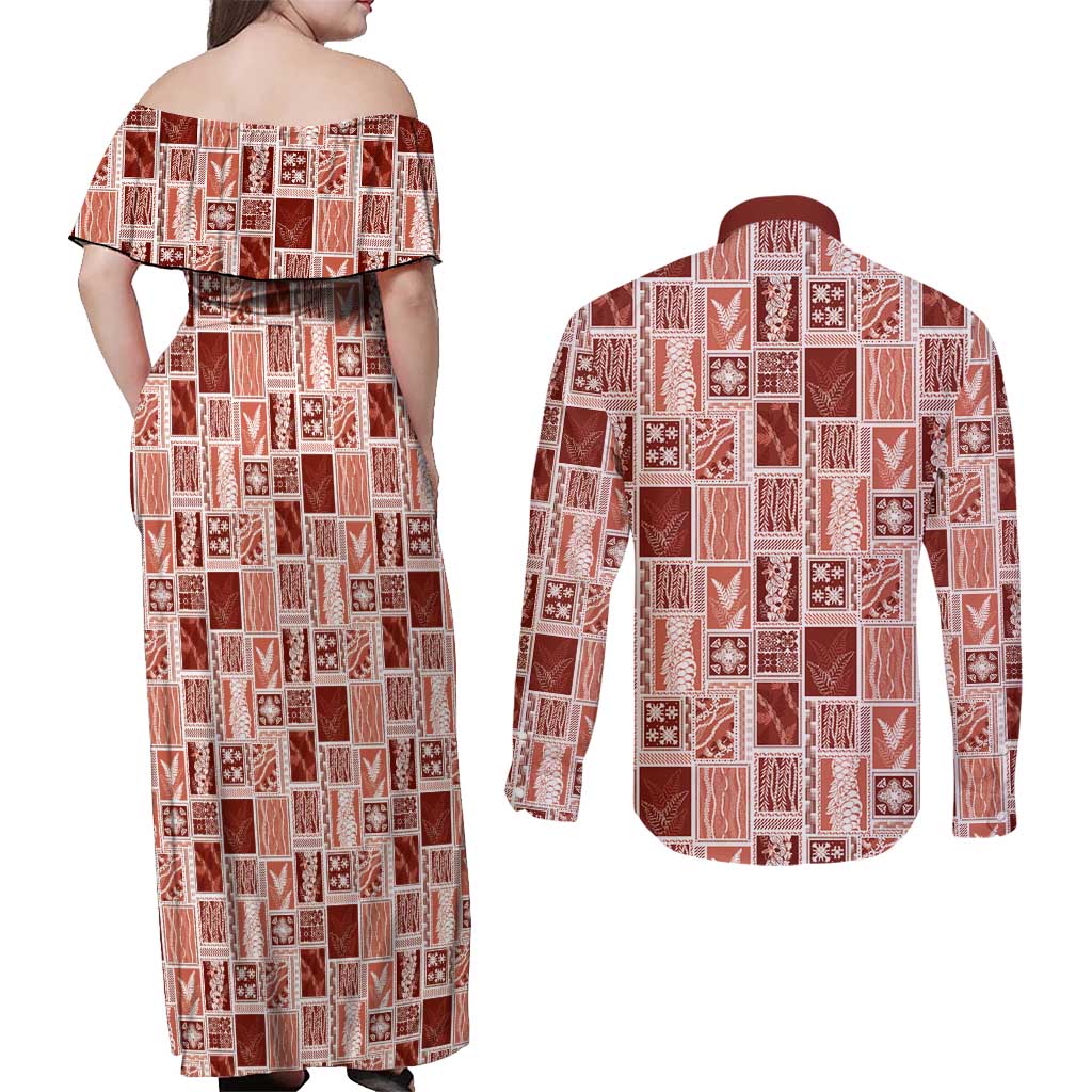 Vintage Aloha Block Quilt Couples Matching Off Shoulder Maxi Dress and Long Sleeve Button Shirt Red Inspired Lei Motifs LT9 - Polynesian Pride