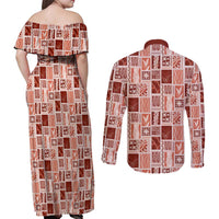 Vintage Aloha Block Quilt Couples Matching Off Shoulder Maxi Dress and Long Sleeve Button Shirt Red Inspired Lei Motifs LT9 - Polynesian Pride
