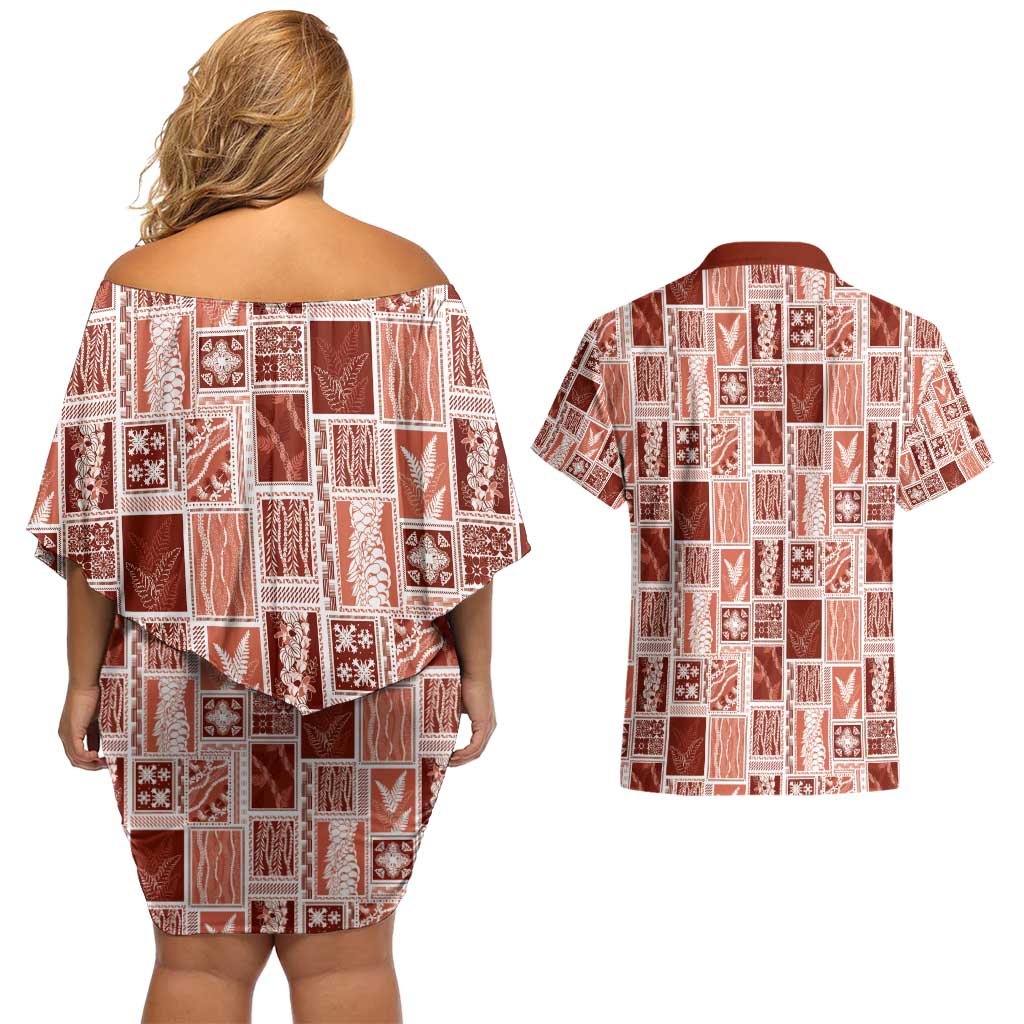 Vintage Aloha Block Quilt Couples Matching Off Shoulder Short Dress and Hawaiian Shirt Red Inspired Lei Motifs - Polynesian Pride