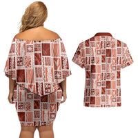 Vintage Aloha Block Quilt Couples Matching Off Shoulder Short Dress and Hawaiian Shirt Red Inspired Lei Motifs - Polynesian Pride