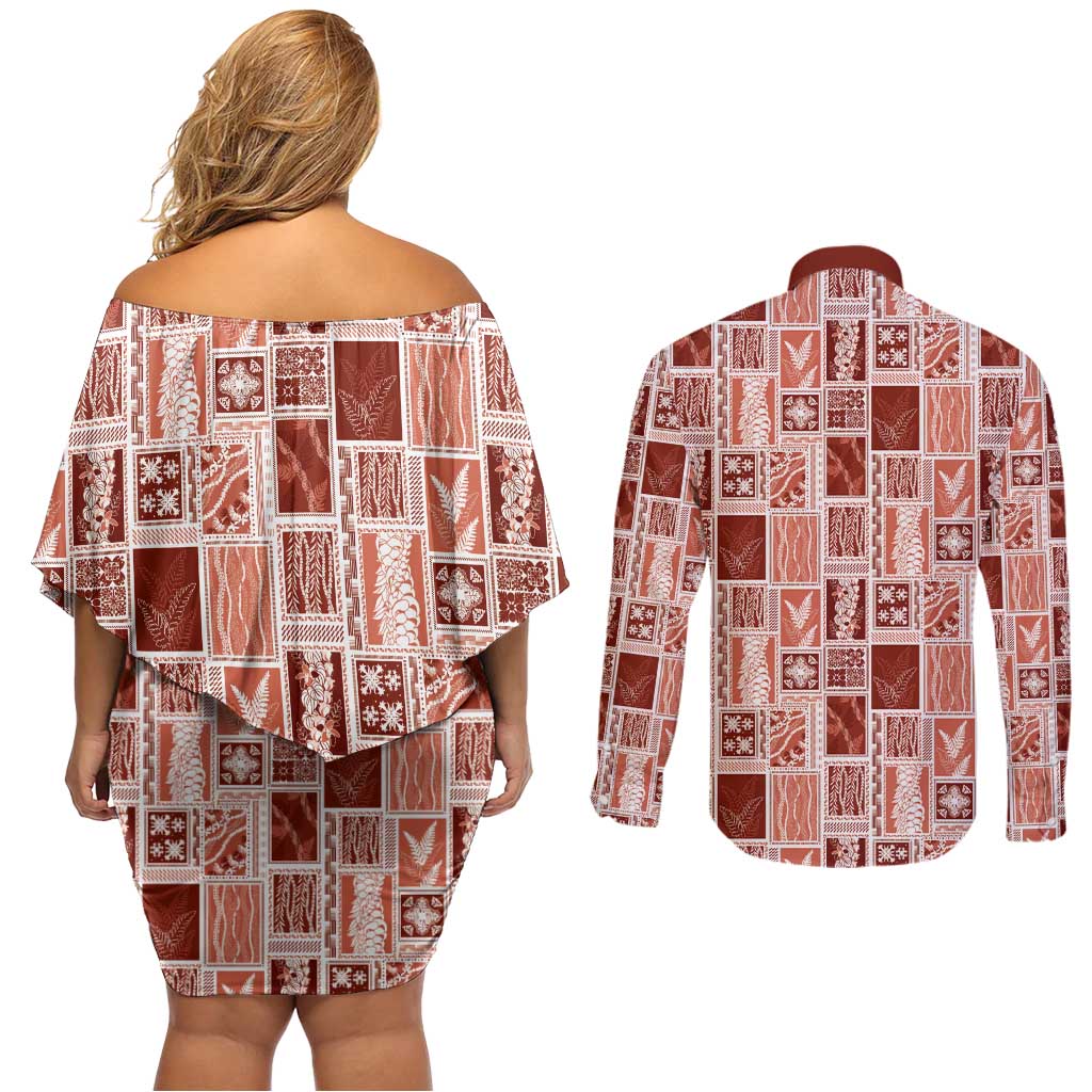 Vintage Aloha Block Quilt Couples Matching Off Shoulder Short Dress and Long Sleeve Button Shirt Red Inspired Lei Motifs LT9 - Polynesian Pride