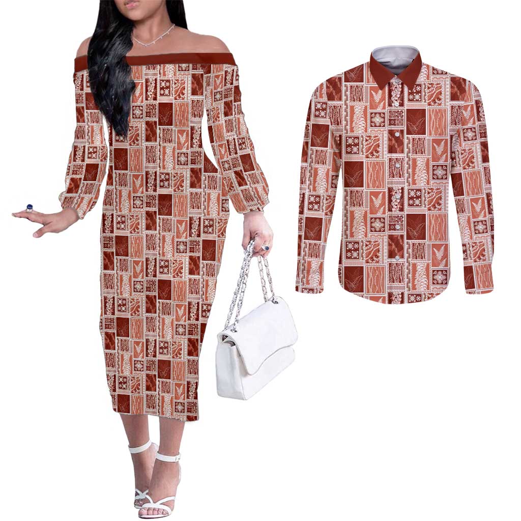 Vintage Aloha Block Quilt Couples Matching Off The Shoulder Long Sleeve Dress and Long Sleeve Button Shirt Red Inspired Lei Motifs - Polynesian Pride