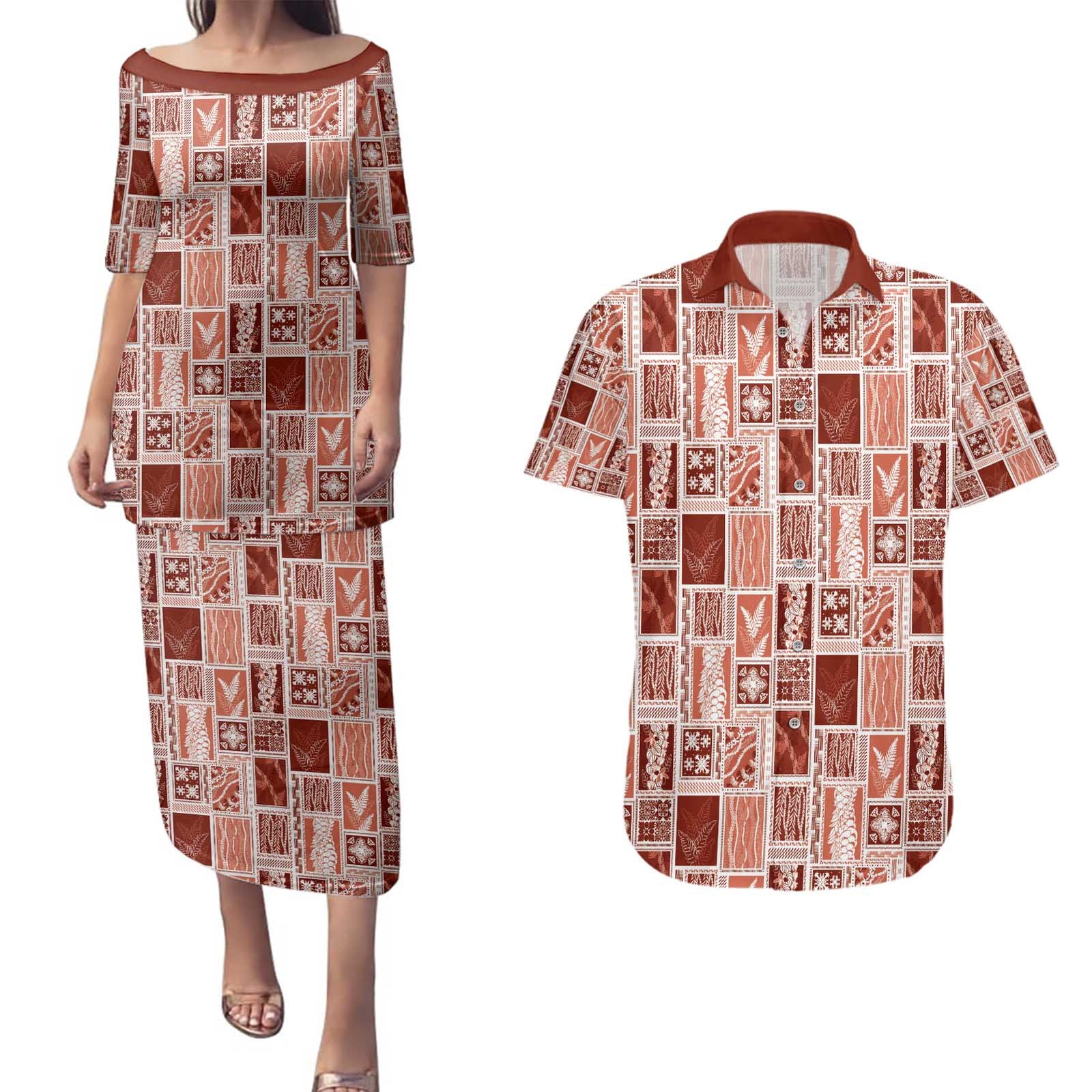 Vintage Aloha Block Quilt Couples Matching Puletasi and Hawaiian Shirt Red Inspired Lei Motifs - Polynesian Pride