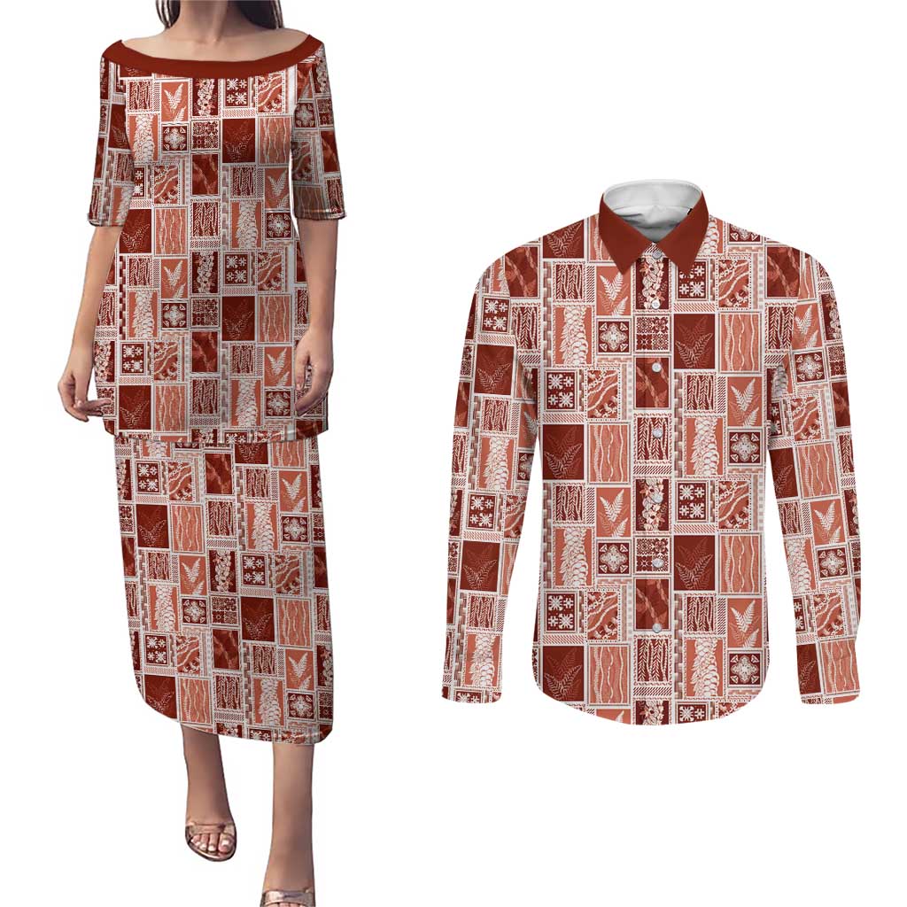 Vintage Aloha Block Quilt Couples Matching Puletasi and Long Sleeve Button Shirt Red Inspired Lei Motifs - Polynesian Pride