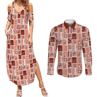 Vintage Aloha Block Quilt Couples Matching Summer Maxi Dress and Long Sleeve Button Shirt Red Inspired Lei Motifs LT9 Red - Polynesian Pride
