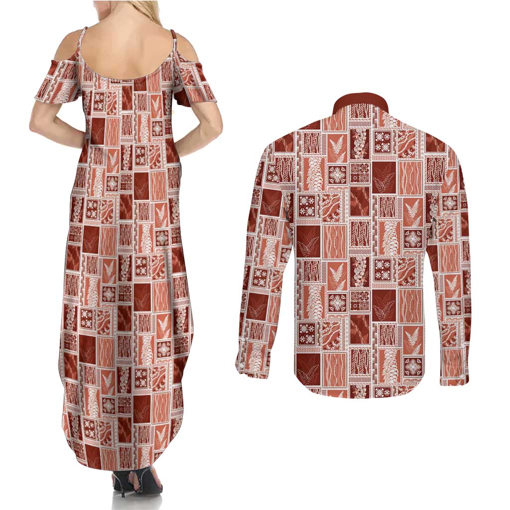 Vintage Aloha Block Quilt Couples Matching Summer Maxi Dress and Long Sleeve Button Shirt Red Inspired Lei Motifs LT9 - Polynesian Pride