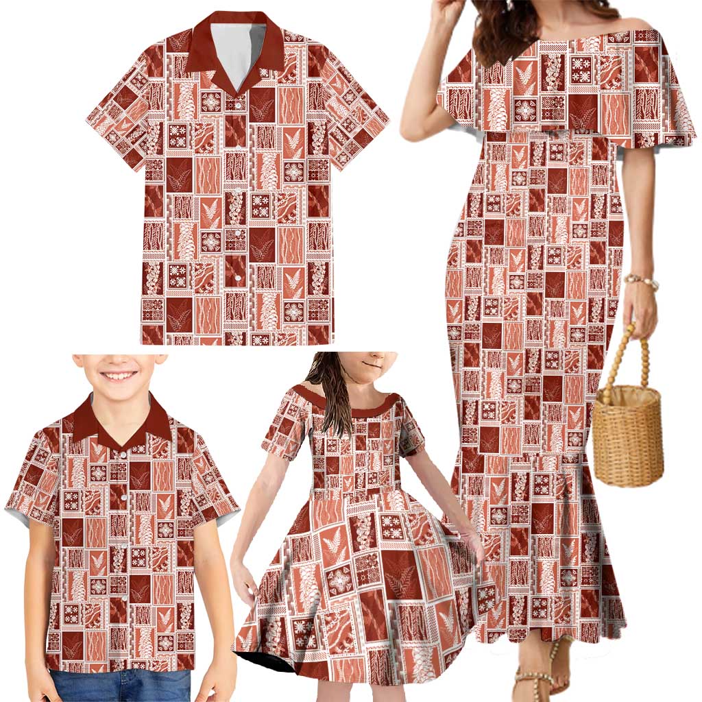 Vintage Aloha Block Quilt Family Matching Mermaid Dress and Hawaiian Shirt Red Inspired Lei Motifs - Polynesian Pride