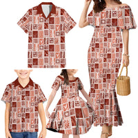 Vintage Aloha Block Quilt Family Matching Mermaid Dress and Hawaiian Shirt Red Inspired Lei Motifs - Polynesian Pride