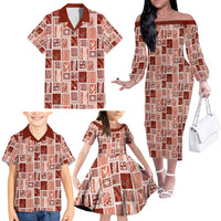 Vintage Aloha Block Quilt Family Matching Off The Shoulder Long Sleeve Dress and Hawaiian Shirt Red Inspired Lei Motifs - Polynesian Pride