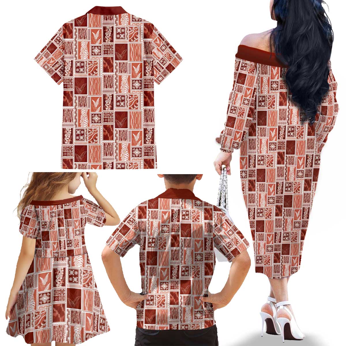 Vintage Aloha Block Quilt Family Matching Off The Shoulder Long Sleeve Dress and Hawaiian Shirt Red Inspired Lei Motifs - Polynesian Pride