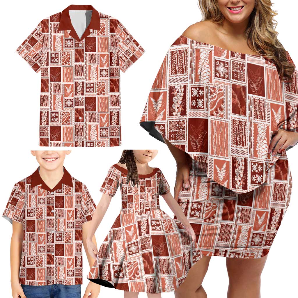 Vintage Aloha Block Quilt Family Matching Off Shoulder Short Dress and Hawaiian Shirt Red Inspired Lei Motifs - Polynesian Pride