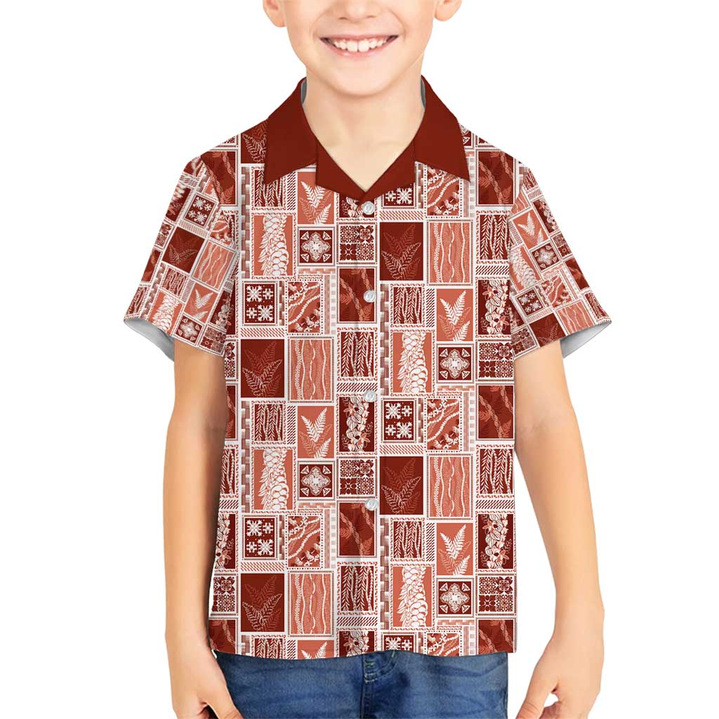 Vintage Aloha Block Quilt Family Matching Off Shoulder Short Dress and Hawaiian Shirt Red Inspired Lei Motifs - Polynesian Pride