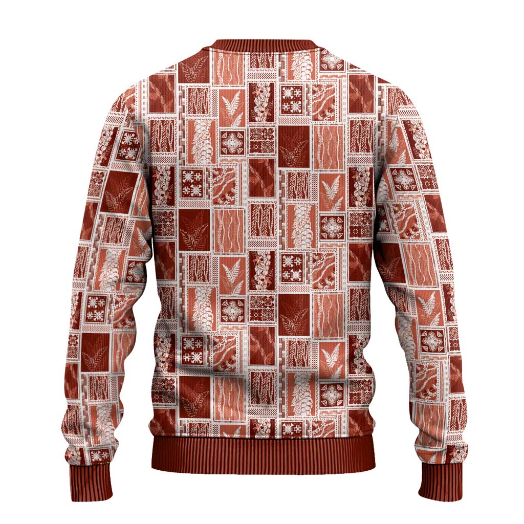 Vintage Aloha Block Quilt Ugly Christmas Sweater Red Inspired Lei Motifs - Polynesian Pride