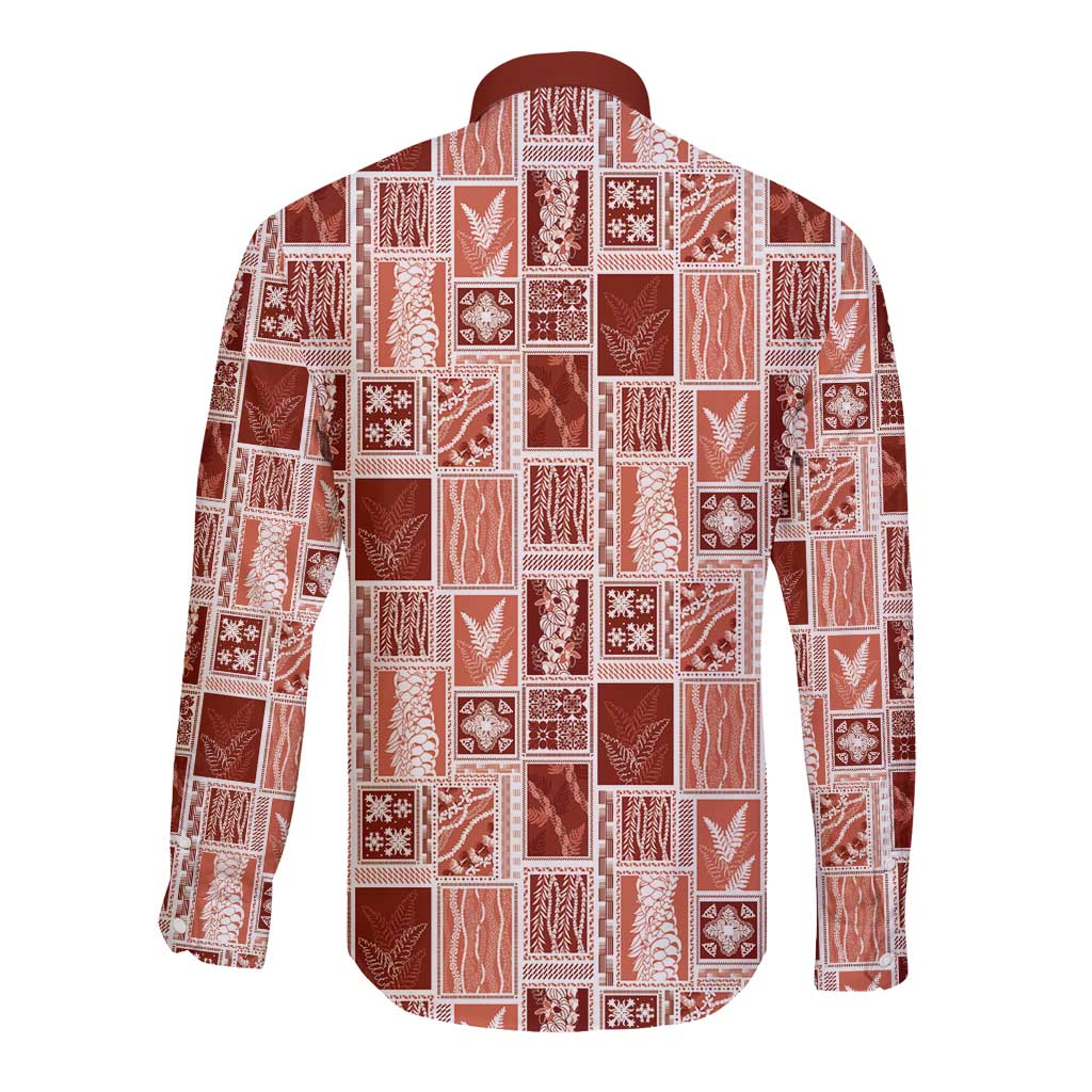 Vintage Aloha Block Quilt Long Sleeve Button Shirt Red Inspired Lei Motifs LT9 - Polynesian Pride