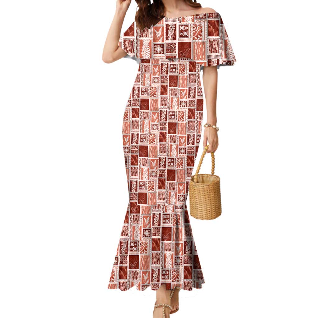 Vintage Aloha Block Quilt Mermaid Dress Red Inspired Lei Motifs - Polynesian Pride