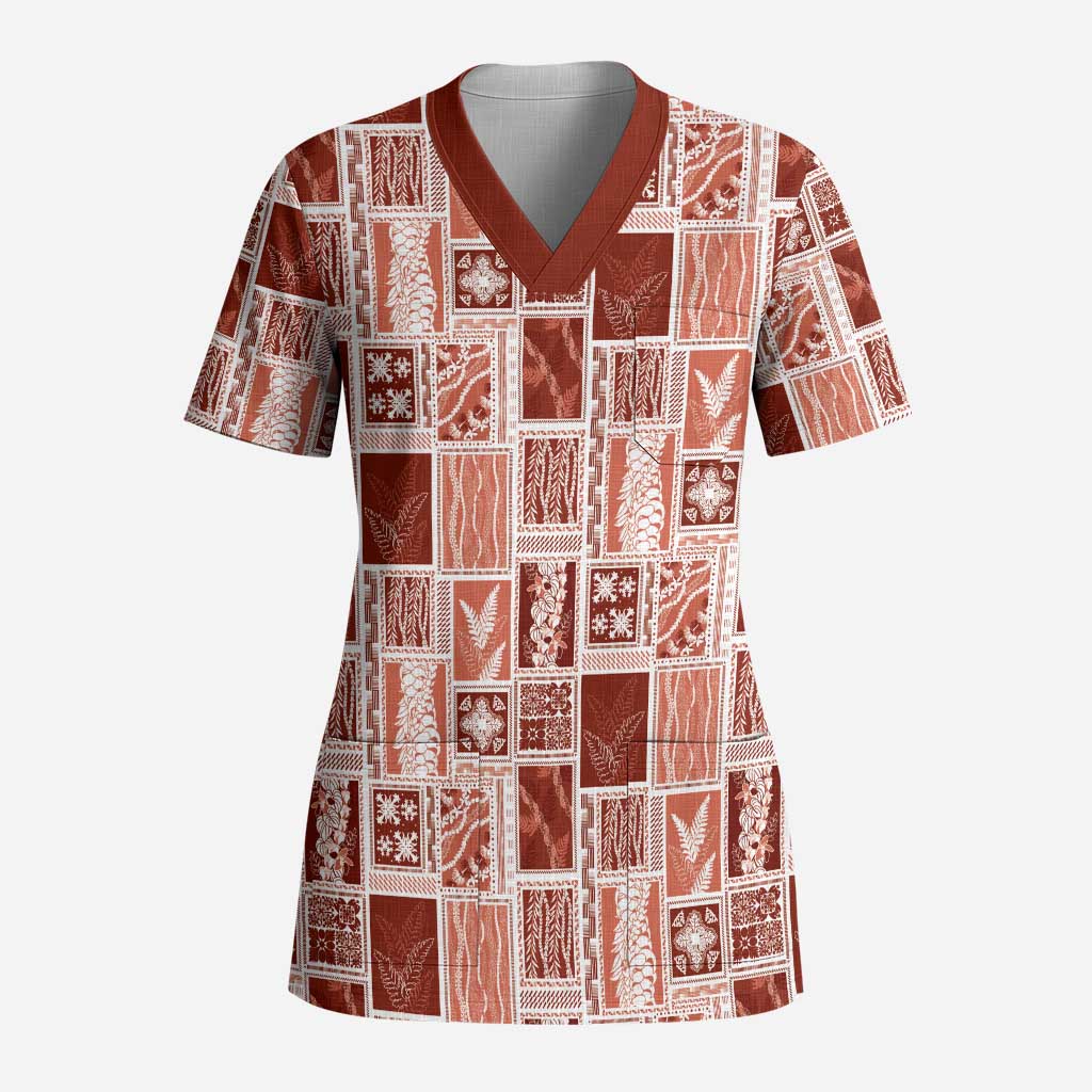 Vintage Aloha Block Quilt Scrub Top Red Inspired Lei Motifs LT9 Adult Red - Polynesian Pride